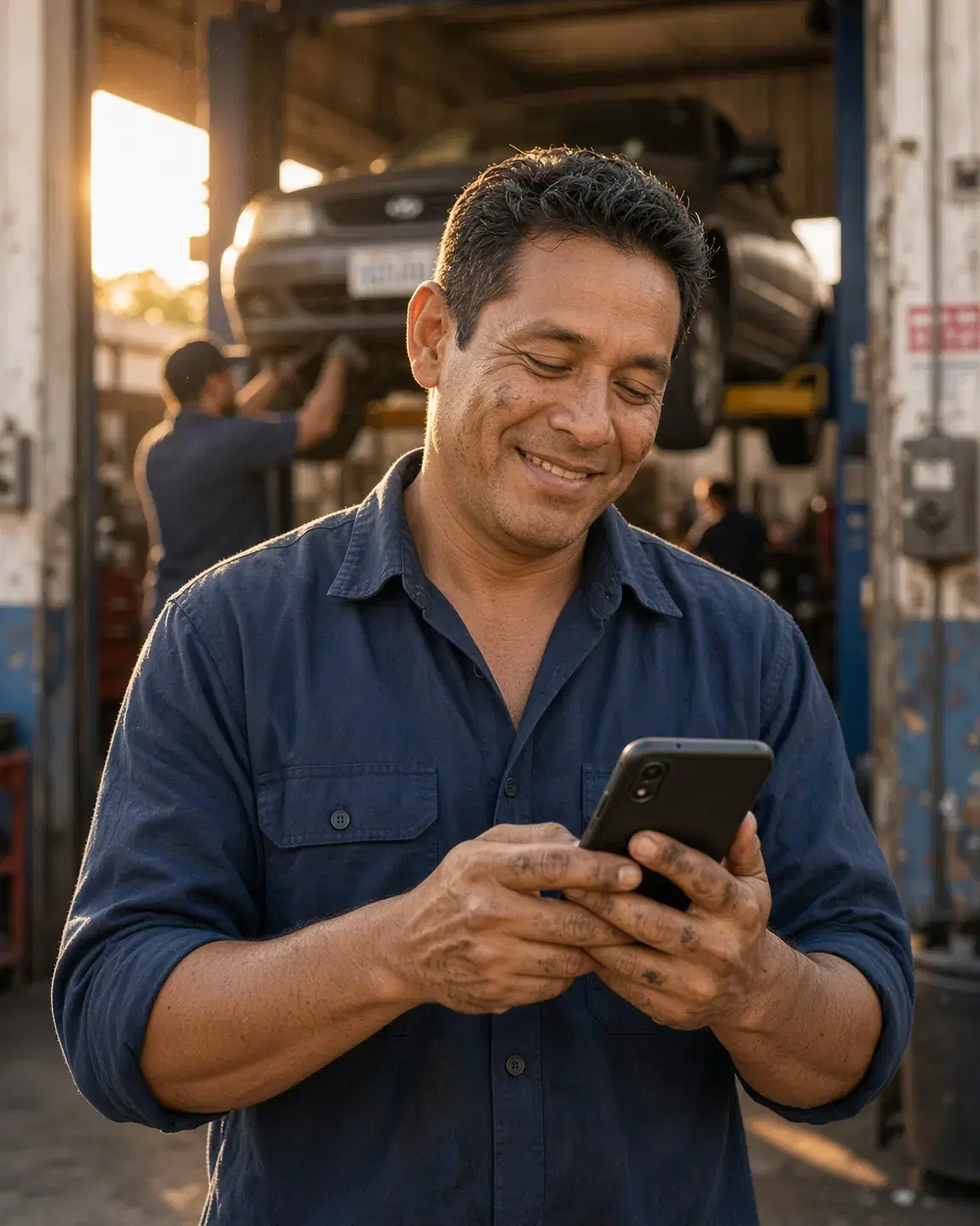 Dueño de un taller mecánico sonriendo al leer un mensaje en su teléfono