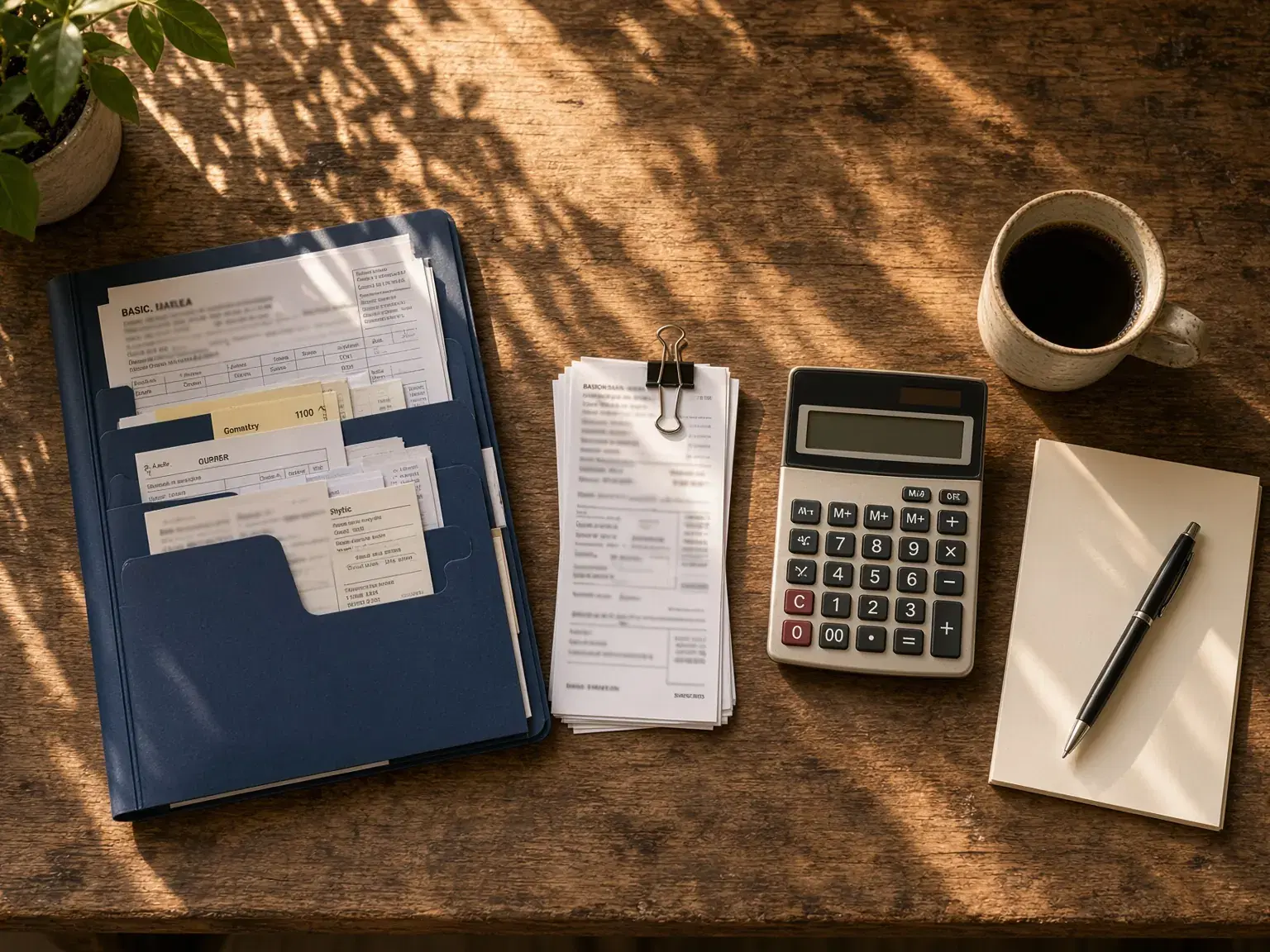 Facturas y comprobantes ordenados en una carpeta junto a una calculadora