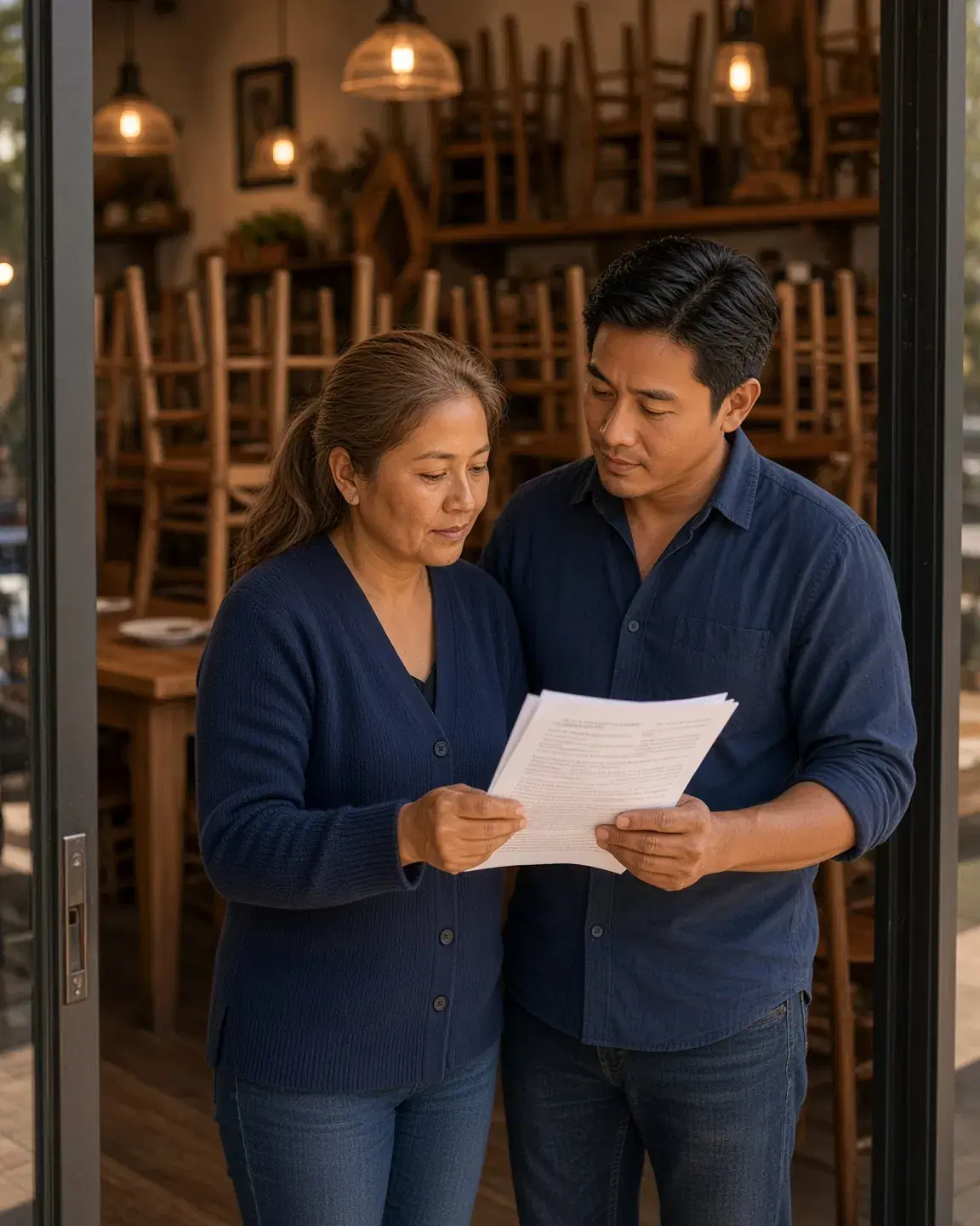 Dos socios de un restaurante familiar leyendo juntos un documento
