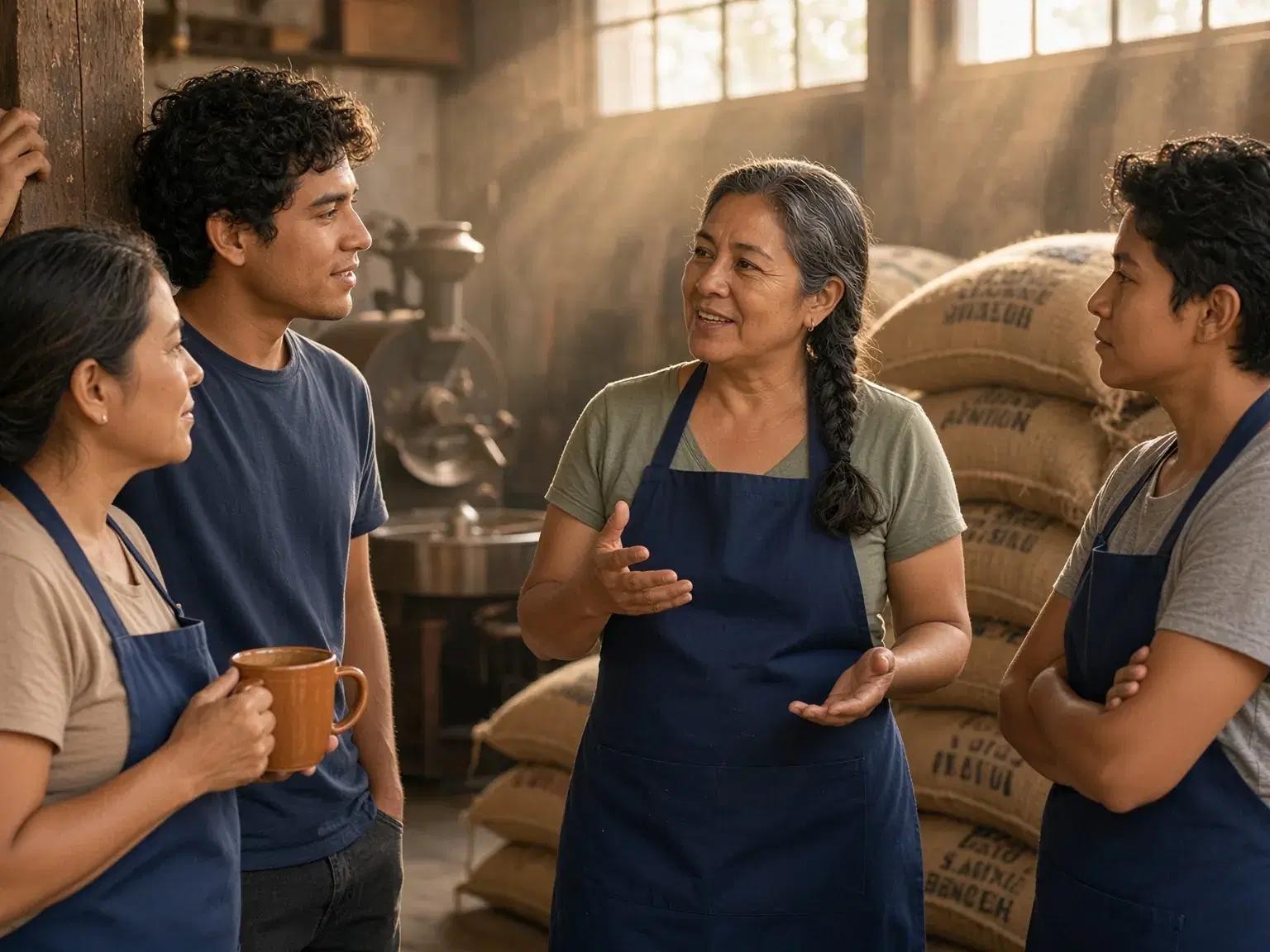 Dueña de una tostaduría de café conversando con su equipo de trabajo