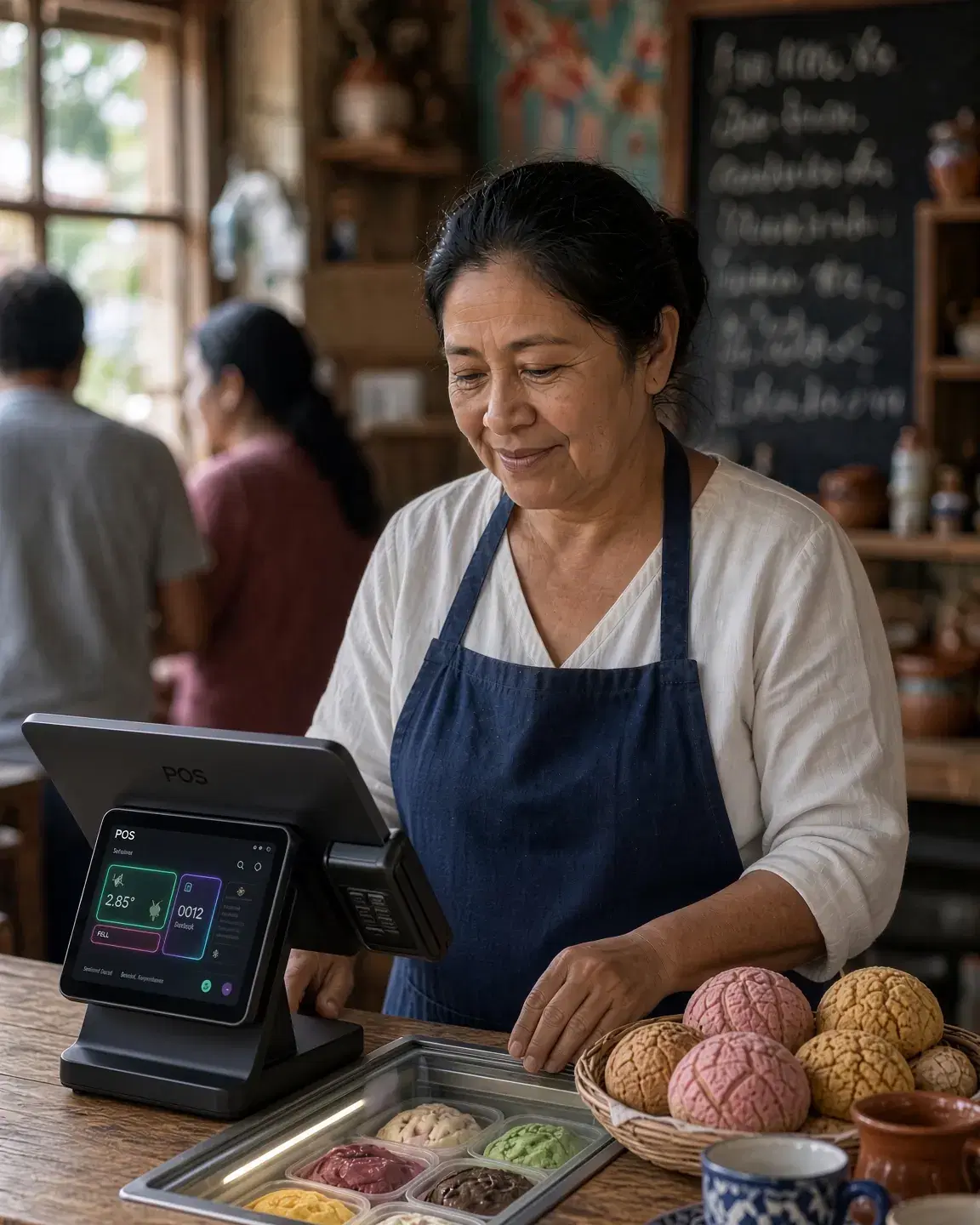 Dueña de una panadería atendiendo tranquila detrás de su mostrador