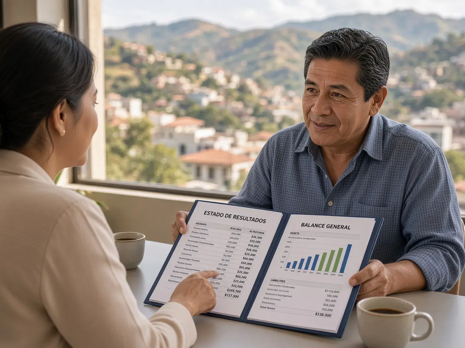 Dueño de un negocio revisando sus estados financieros con su asesora