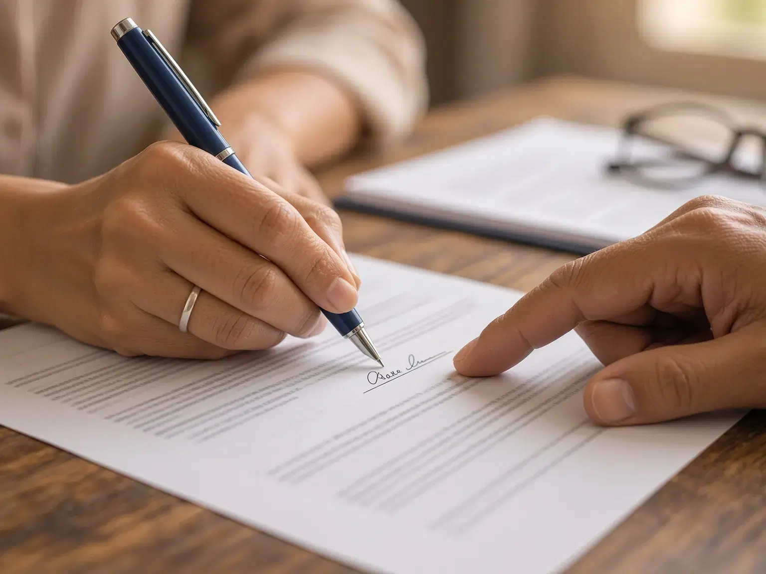 Manos firmando un contrato mientras otra persona señala la línea de firma
